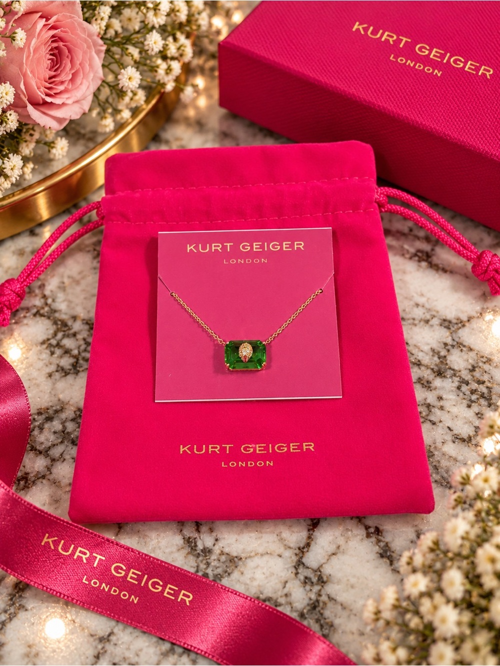 Kurt Geiger Gold Chain Necklace with Green Rectangular Stone